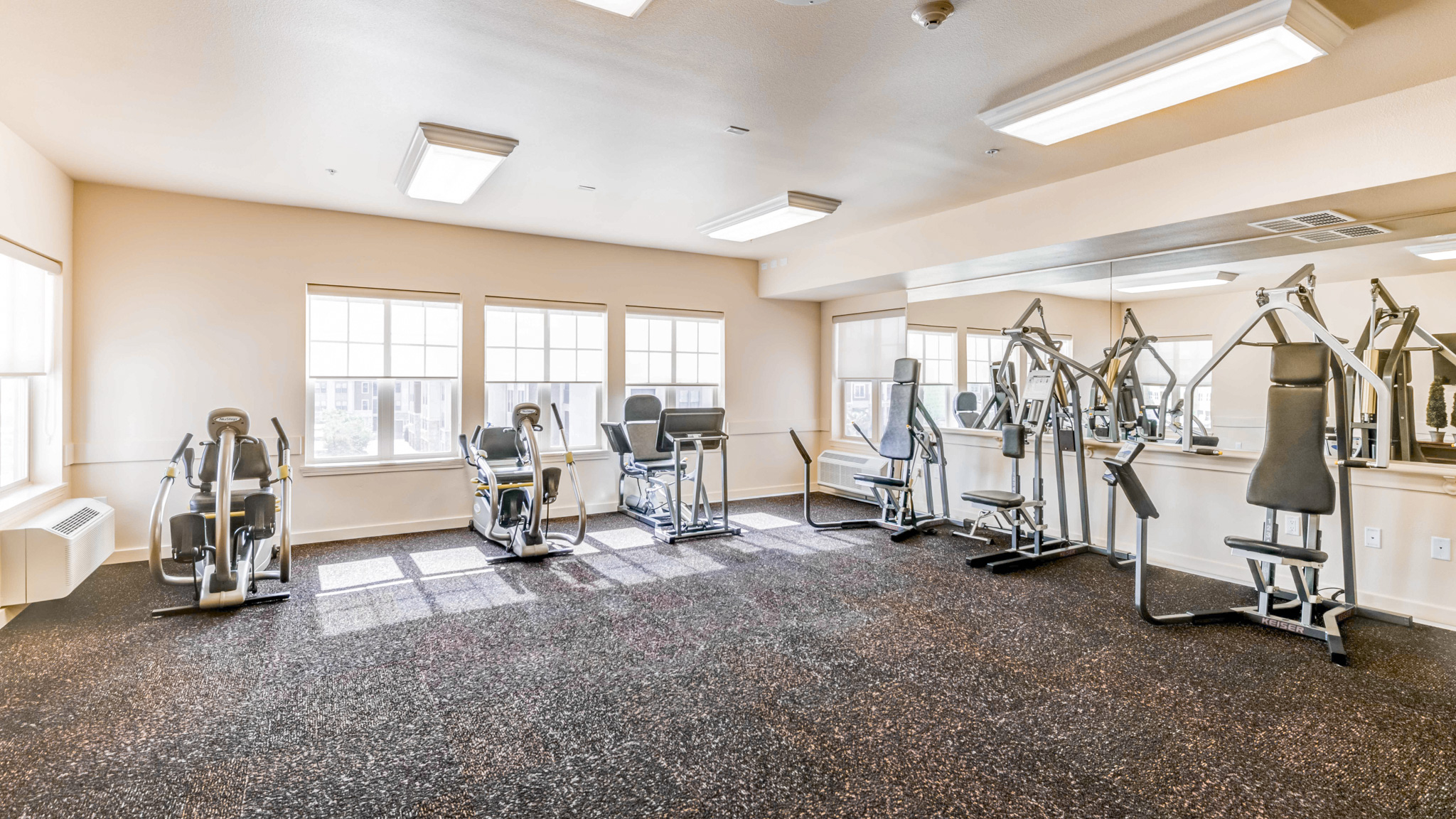A bright, spacious gym room with several weight machines, large windows letting in natural light, a wall mirror, and rubber flooring.