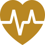 A golden heart shape containing a black electrocardiogram (EKG) line running through its center. The EKG line features sharp peaks and valleys, representing a heartbeat. The background of the image is transparent.