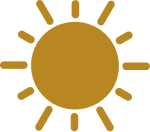 A simplified, solid brown sun icon with a circular center and short lines radiating outward to represent sunlight. The design has a clean and minimalistic look.