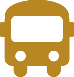 A simple, stylized icon of a school bus. The bus is depicted in solid gold color with white windows and circular headlights, and its front-facing view is shown. The design is minimalistic and features no additional details.
