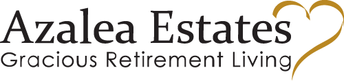 Logo of Azalea Estates featuring the text "Azalea Estates" in a bold serif font and "Gracious Retirement Living" in a smaller serif font below. An elegant gold heart design is integrated to the right of the text, symbolizing care and comfort.