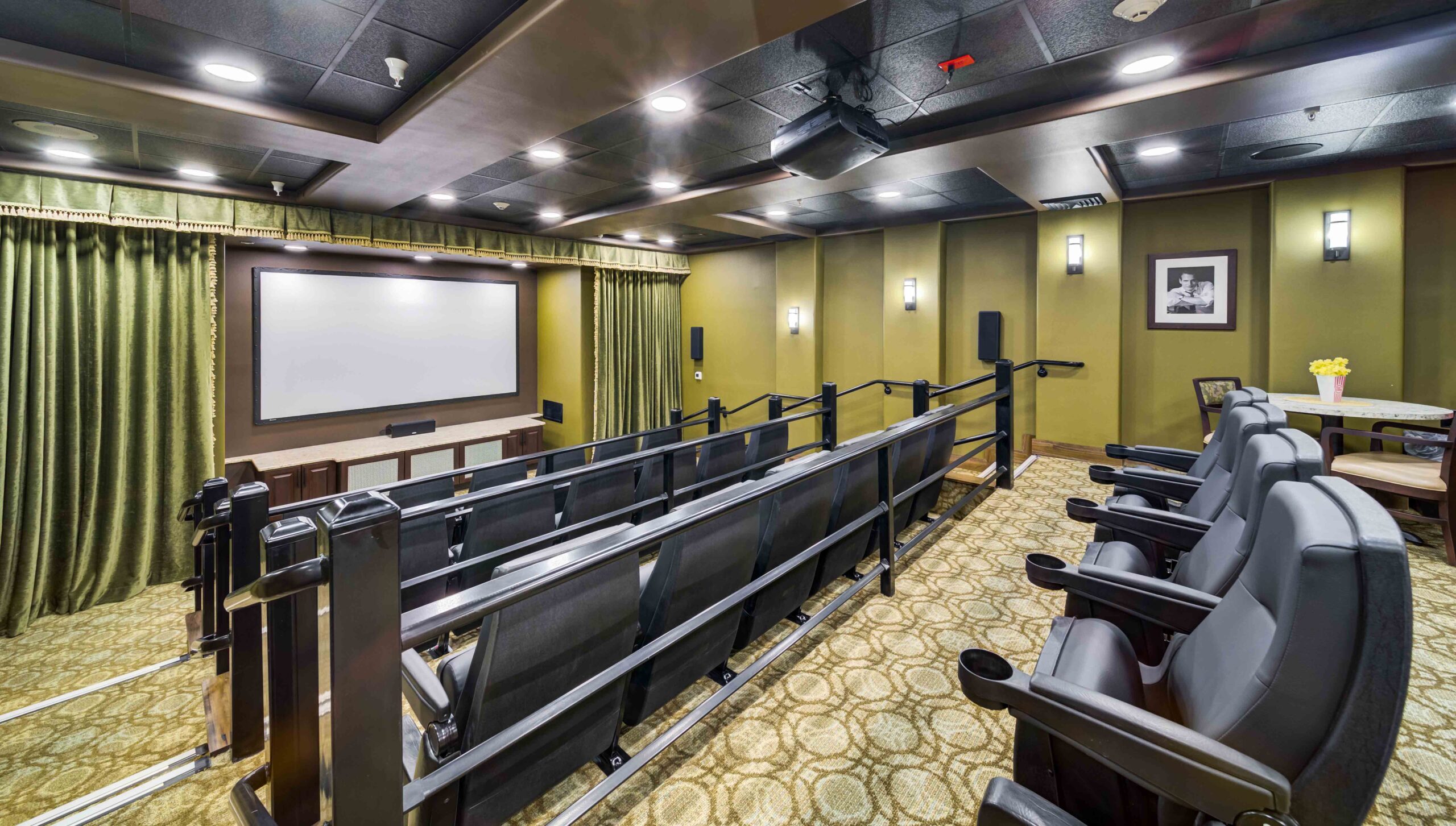 A small, modern home theater room with tiered seating, black armchairs, a large projection screen, green walls, patterned carpet, and wall-mounted lights. A framed photo and a round table with flowers are on the right.