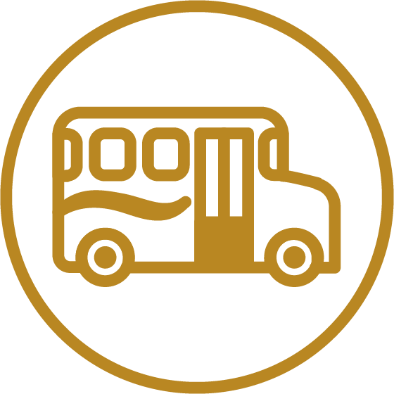 A simple gold icon of a bus inside a gold circle, with stylized windows, wheels, and a wave pattern on the side.
