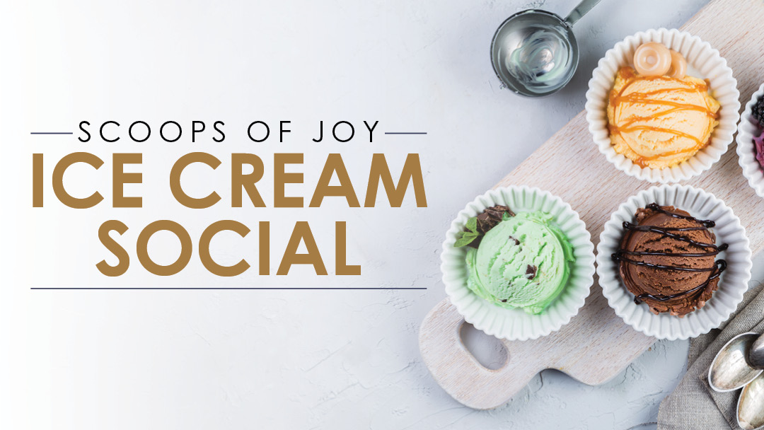 A top view of a cutting board with scoops of mint, chocolate, and orange ice cream in white bowls. Text reads "Scoops of Joy Ice Cream Social" in large gold and black letters. An ice cream scoop is also visible.