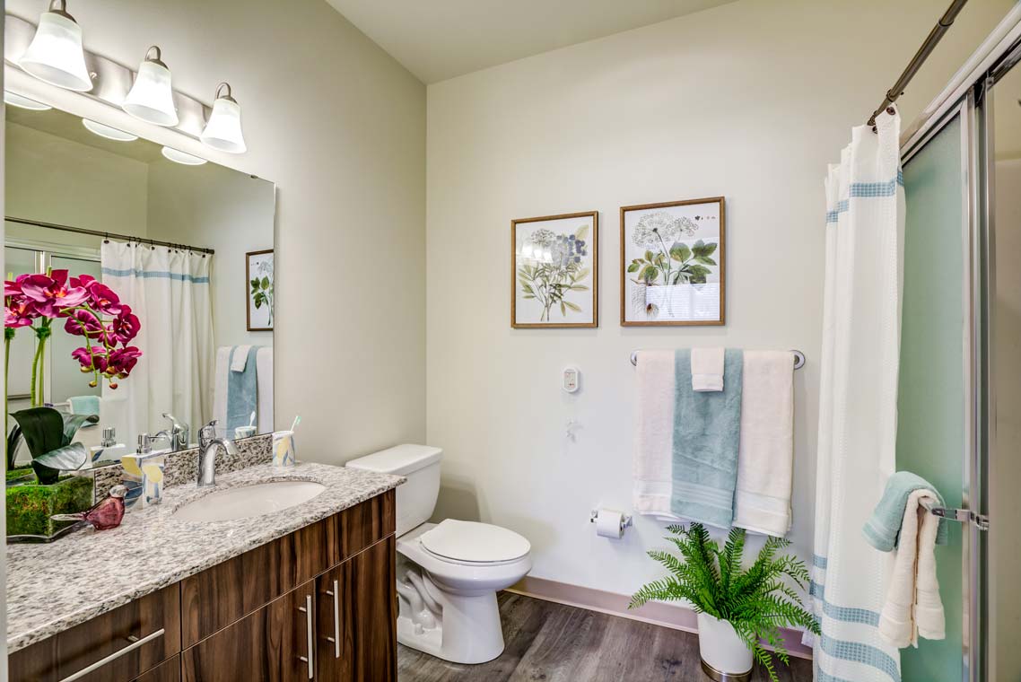 A modern bathroom with a granite countertop sink, a toilet, and a shower with a glass door. The walls are adorned with botanical prints, and a towel rack holds folded towels. The space is bright and decorated with an orchid plant and a small fern.