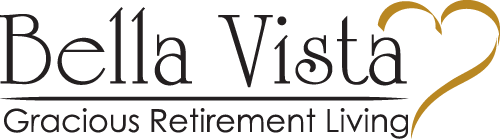 Logo for Bella Vista Gracious Retirement Living featuring elegant black text on a white background. The words "Bella Vista" are in larger font above "Gracious Retirement Living." A gold curved line forming a partial heart shape is to the right of the text.