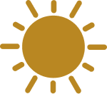 A gold sun icon with symmetrical rays extending outwards from a central circle. The rays are evenly spaced, depicting a stylized, bright sun. The backdrop is transparent.