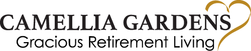 Camellia Gardens" logo in black text with the end of the text forming a golden heart.