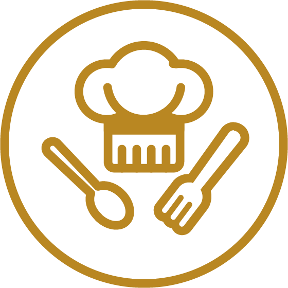 A gold outline of a chef’s hat, spoon, and fork inside a circular border on a white background, symbolizing cooking or culinary arts for Independent Living.