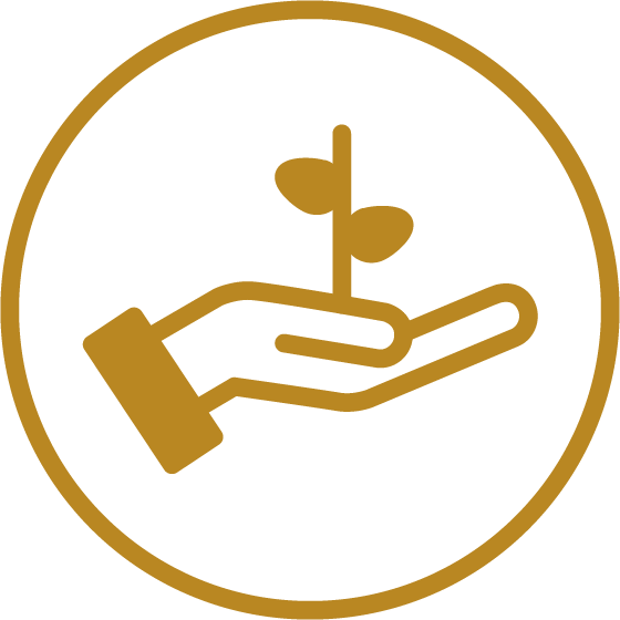 A gold outline of a hand holding a small plant with two leaves, symbolizing Independent Living, all enclosed within a gold circle.