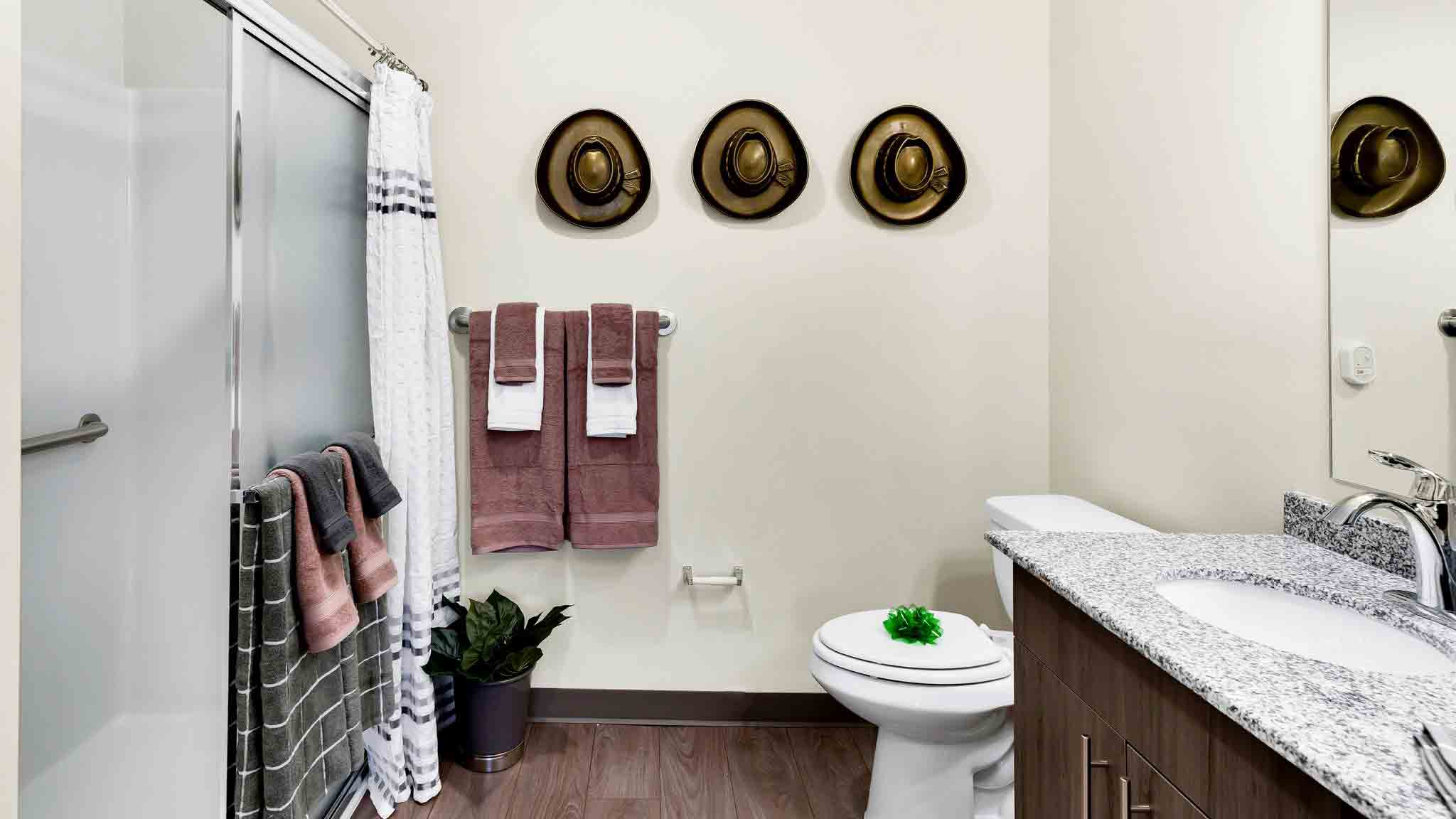 Modern bathroom with a granite countertop, wooden cabinets, towels on racks, a potted plant, and three cowboy hats hanging on the wall above the toilet. A glass shower with a striped curtain is on the left.