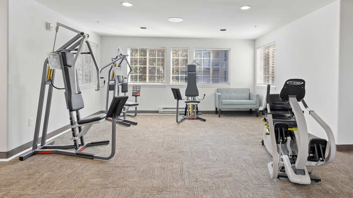 A well-lit fitness room with various exercise machines, including a seated leg press, chest press, and a cable machine. There is a cushioned sofa by the windows in the background, and the room has beige carpet and white walls with several windows letting in natural light.