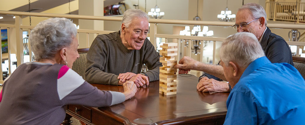 Hawthorn Senior Living. Chesterfield Heights Senior Residents Playing Jenga.