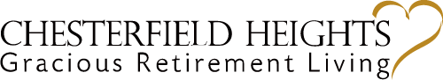 The image shows the logo for Chesterfield Heights, featuring the text "CHESTERFIELD HEIGHTS Gracious Retirement Living" with a design of a gold heart outline on the right side.