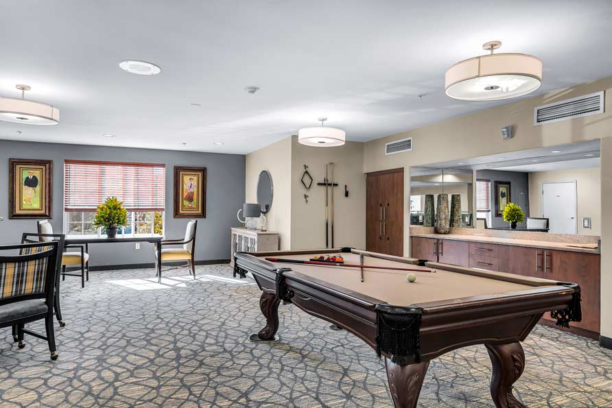 Hawthorn Senior Living. Colonial Gardens Senior Living Community Game Room.