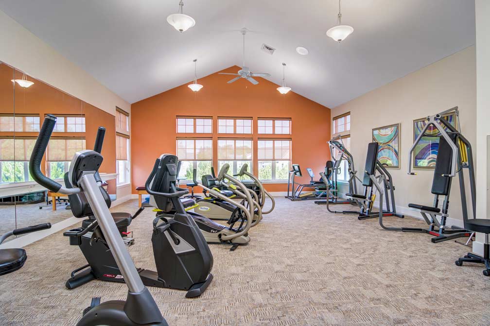 A modern gym with various exercise equipment, including treadmills, ellipticals, a rowing machine, stationary bikes, and weight machines. The room has large windows, a ceiling fan, and vibrant orange walls with artwork. The setup is clean and organized.