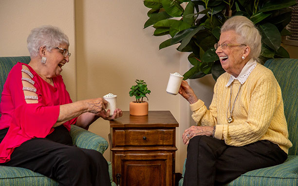 Two elderly women are sitting on armchairs and sharing a laugh while holding mugs. One wears a bright pink top with a white bow and glasses, and the other wears a yellow sweater with a necklace. A small wooden table with a tiny potted plant separates them.