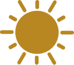 A brown simple sun icon with a circular center and straight rays extending outward uniformly.