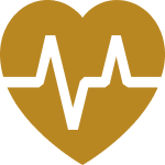 A gold heart shape containing a black electrocardiogram (ECG) line, representing health or medical care. The ECG line has three peaks and two valleys, symbolizing a heart monitor or heartbeat.