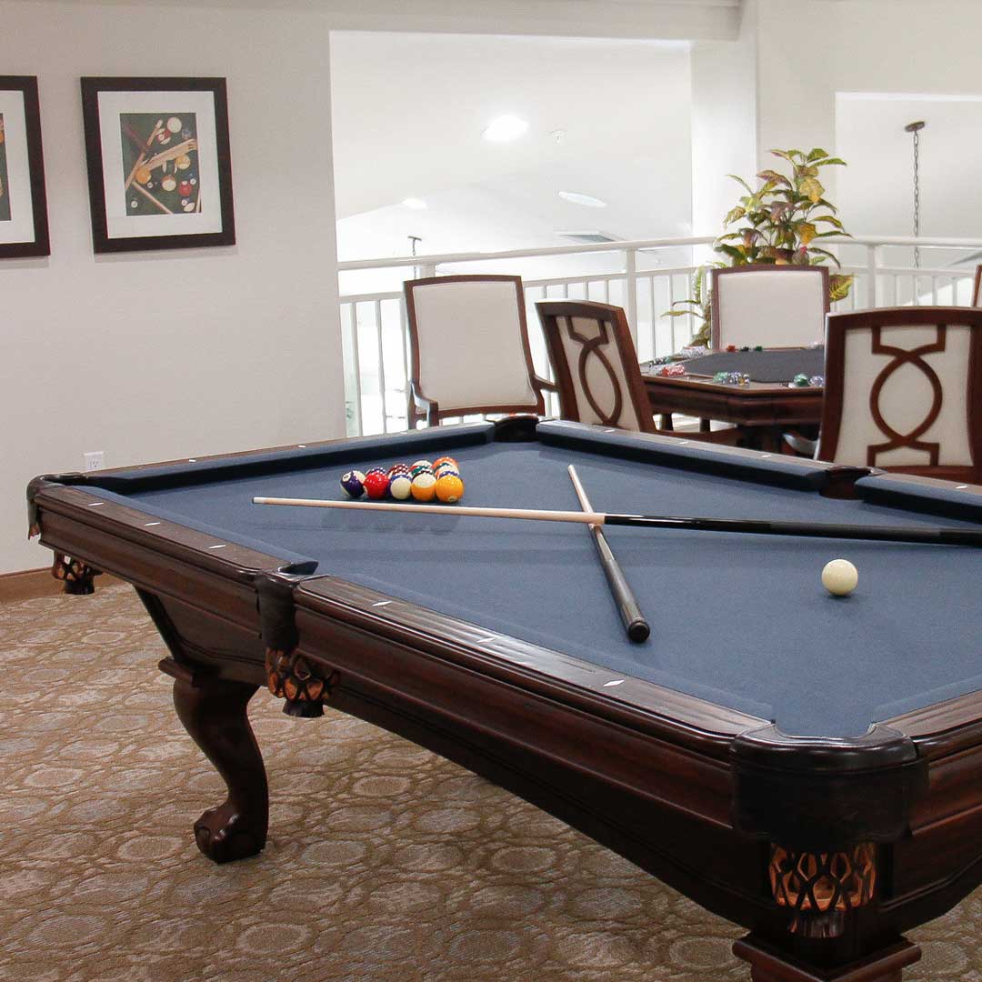 A billiard table with a dark blue surface has pool balls arranged at one end and two cues crossed in the middle. In the background, there are chairs with patterned backs, framed art on the wall, and a potted plant.