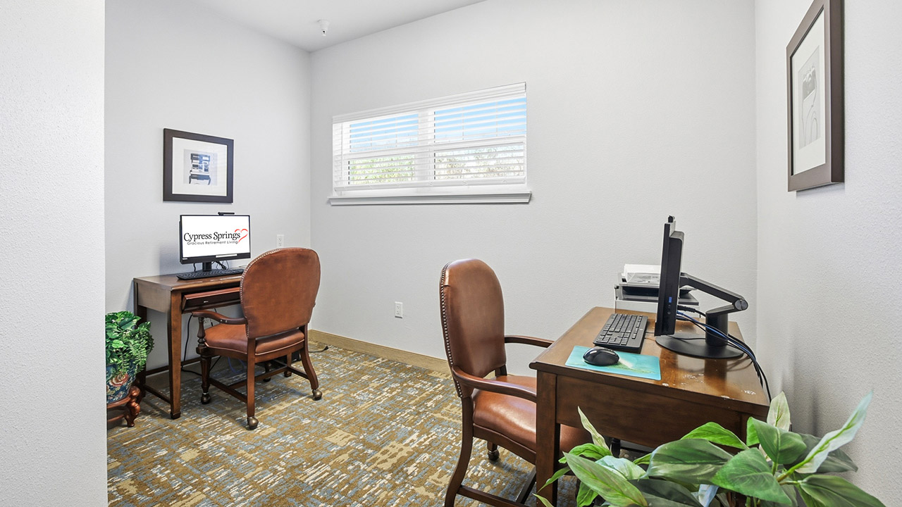 Small office with two wooden desks and brown leather chairs, each with a computer. A window with blinds lets in natural light. The room has white walls, framed pictures, and green plants for decoration.