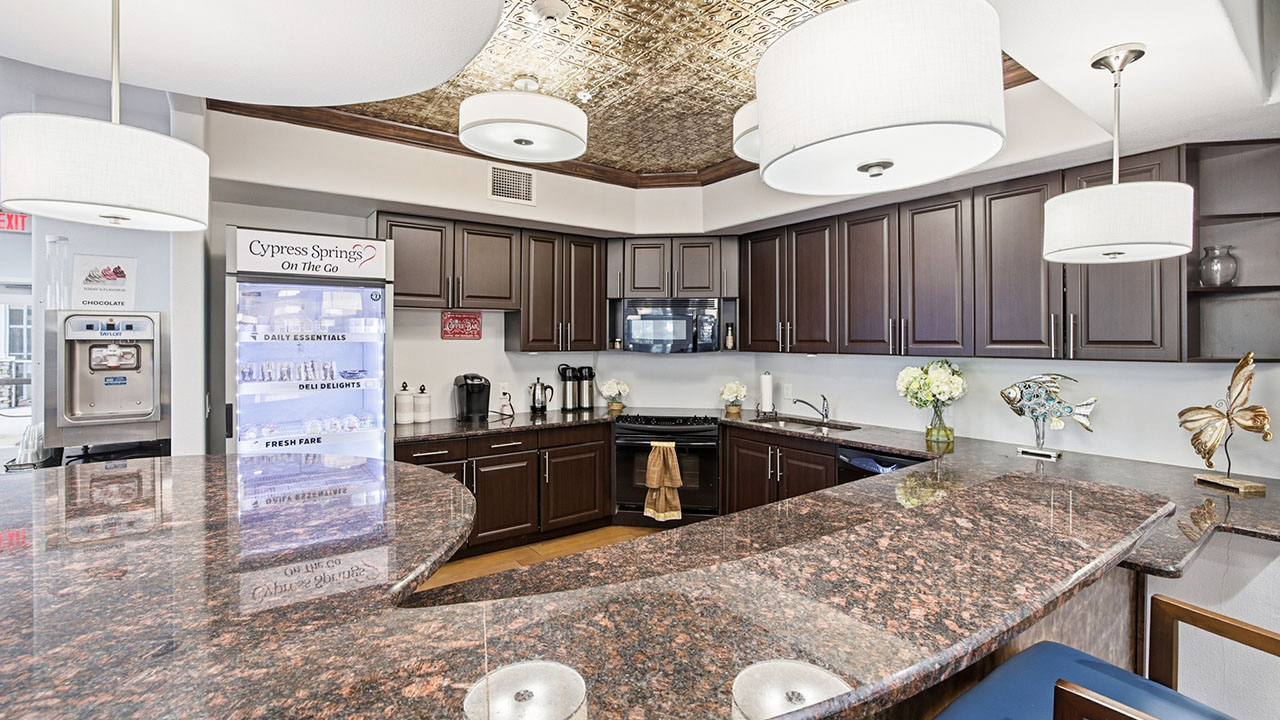 A modern kitchen with dark wood cabinets, granite countertops, stainless steel appliances, a refrigerator with drinks, decorative fish sculptures, and round ceiling lights. A bouquet of flowers sits on the counter.