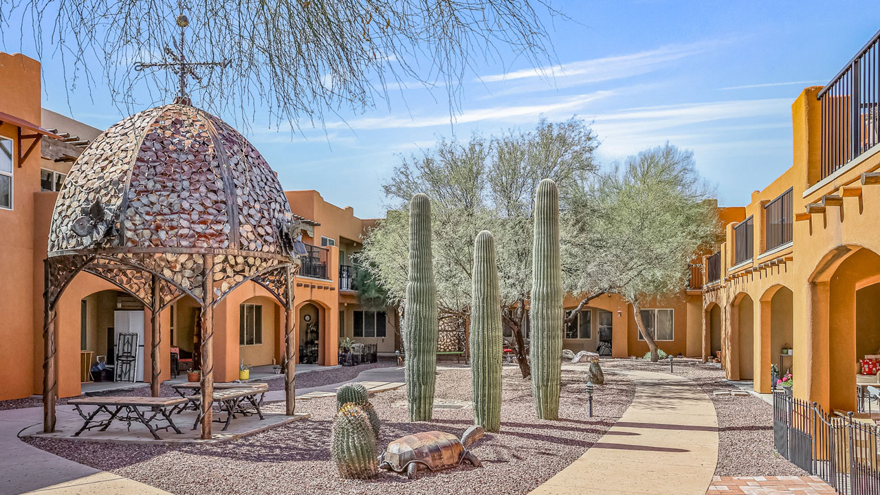 A sunny courtyard with desert landscaping including several tall cacti, a turtle sculpture, and a dome gazebo made of stone and metal. Surrounding the courtyard are two-story adobe-style buildings with arched walkways.