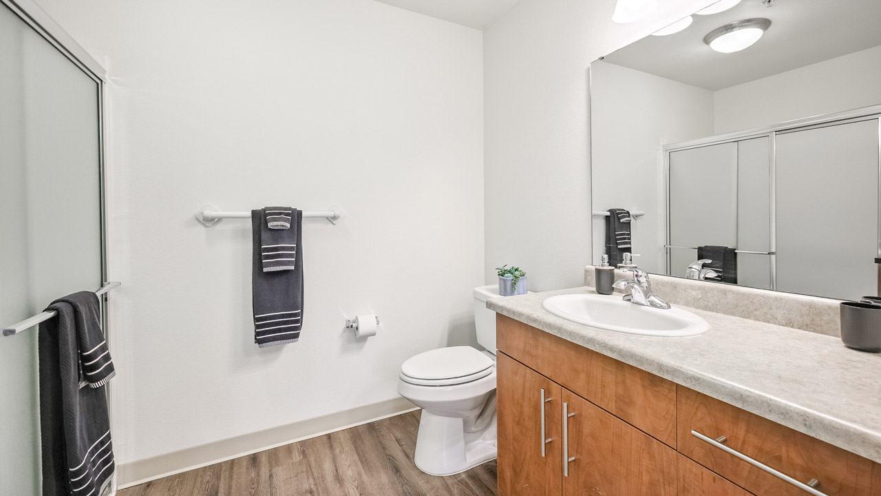 Modern bathroom with wood flooring, a large mirror above a sink with a light wood cabinet, a toilet, and a glass-enclosed shower. Dark towels with white stripes are neatly hung on racks.
