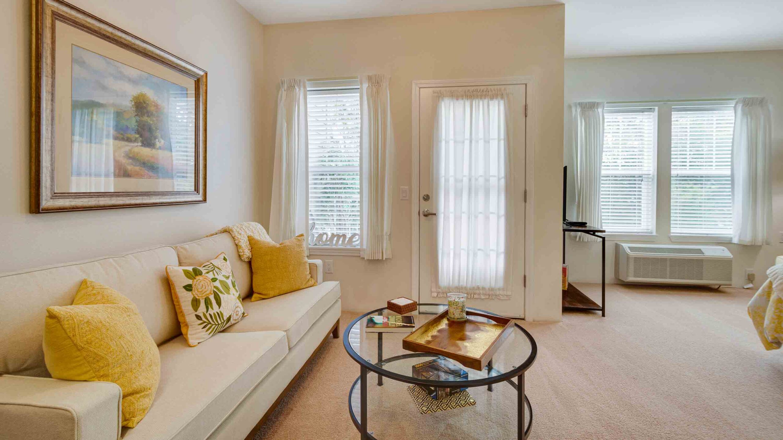Bright living room with a beige sofa and yellow pillows, glass coffee table, framed landscape art, and sheer curtains. A door and two windows let in natural light. A TV and air conditioner are visible in the background.
