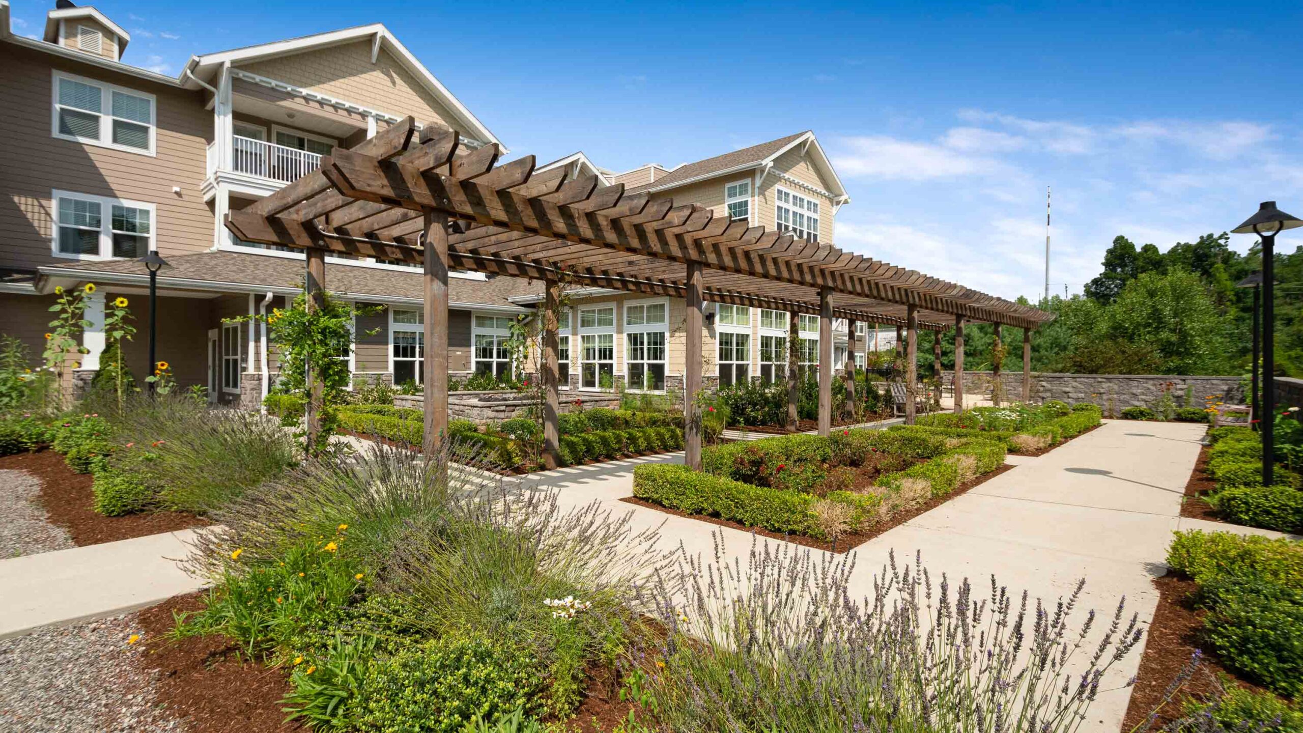 A wooden pergola stands over a walkway surrounded by neatly trimmed bushes and flowering plants outside a beige, multi-story building on a sunny day.