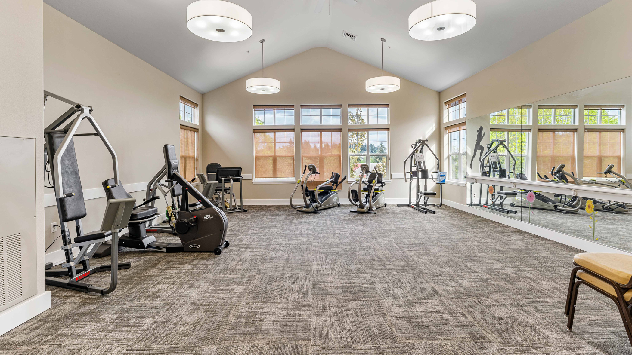 A spacious, well-lit gym with large windows, exercise machines including a stationary bike, elliptical, and weight equipment, neutral walls, gray carpet, and large mirrors along one wall.