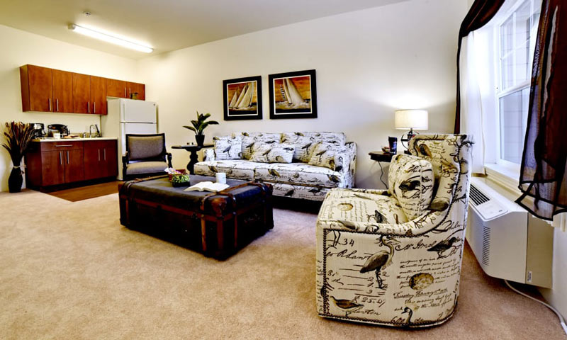 A cozy living space featuring patterned furniture, including a sofa and armchair, with script and bird designs. A trunk serves as a coffee table. The area includes a kitchenette with wooden cabinets, a white fridge, and assorted kitchen essentials. A window with curtains lights the room. Two framed art pieces hang above the sofa.