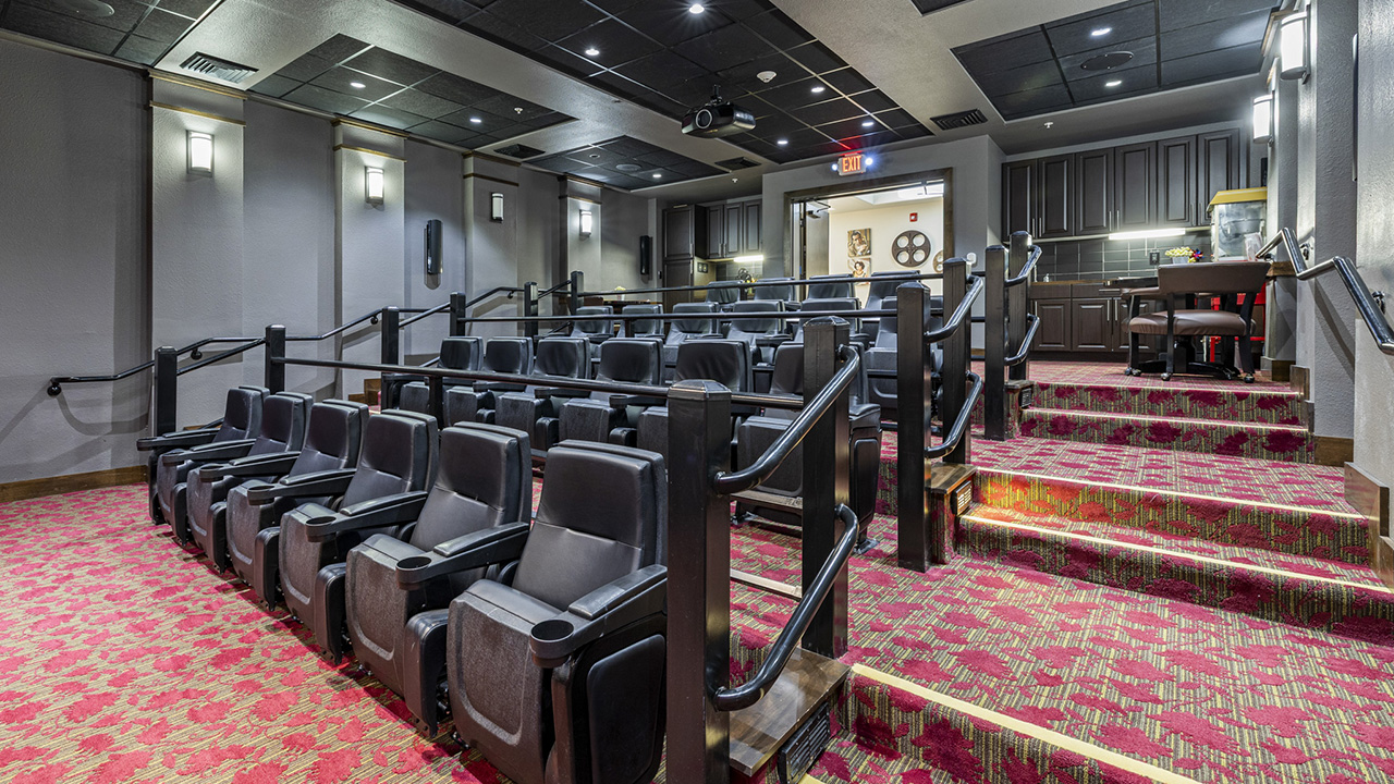 A small, modern movie theater with black seats arranged in tiers, red and green patterned carpet, grey walls, and soft wall lighting. There is a counter area with cabinets at the back of the room.
