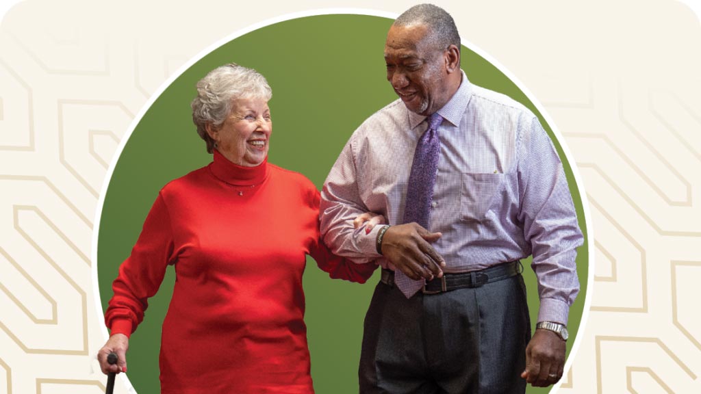 Senior couple walking and smiling