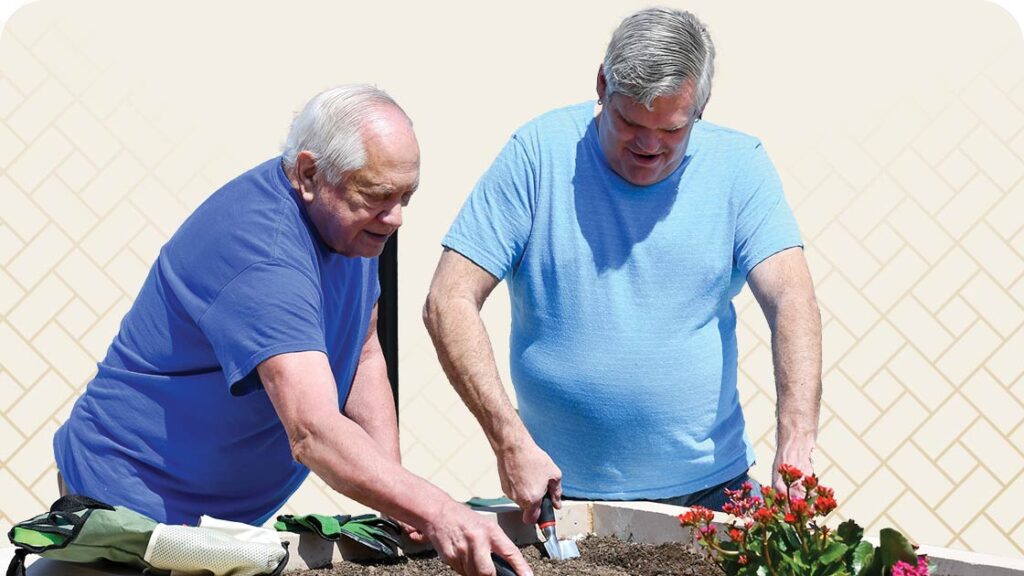 Two older men are gardening together, planting flowers in a raised garden bed. Both are smiling and wearing blue t-shirts. Gardening tools and gloves are nearby. The background has a light, textured pattern.