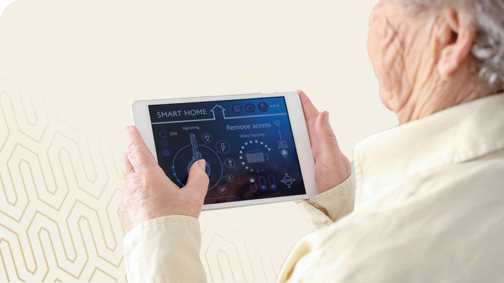 Senior controlling a smart home app on tablet