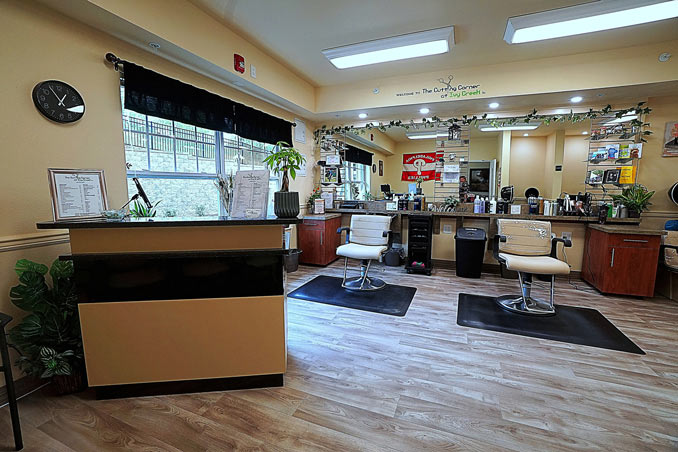 A well-lit hair salon features two hairdressing stations with mirrors, white chairs, and various hair products. A black and beige reception desk is in the foreground, and a clock on the wall reads 10:10. Decorative plants add a touch of greenery.