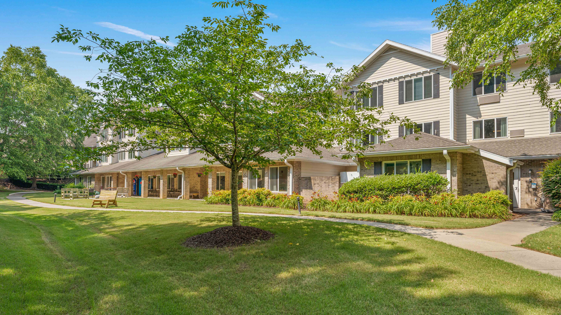A tree stands on a well-kept lawn in front of a multi-story building with beige siding and large windows, surrounded by greenery and a curving walkway under a clear blue sky.