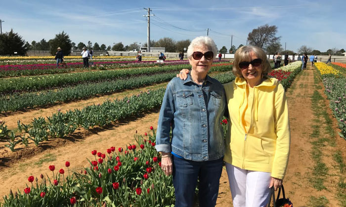 Two elderly women are smiling and standing in a tulip field under a sunny sky. The woman on the left is wearing a blue denim jacket and sunglasses, while the woman on the right is wearing a yellow jacket and sunglasses. Other visitors can be seen in the background.