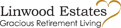 Linwood Estates Gracious Retirement Living" logo with a gold heart-shaped design on the right side. The text is in a dark, elegant font.