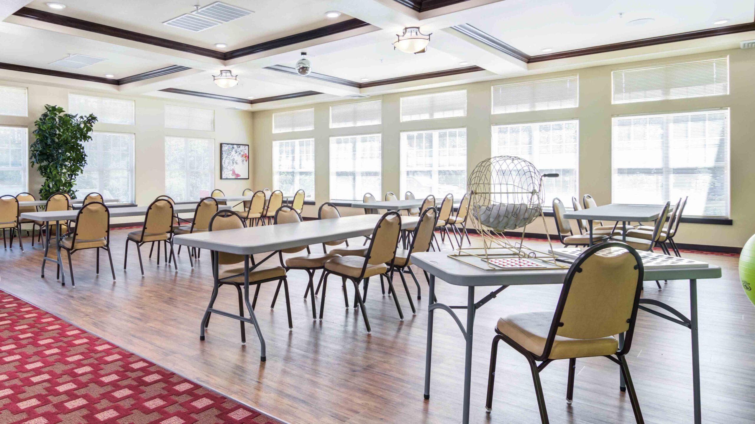 A spacious, sunlit room with several empty tables and chairs on a wood floor, a large window wall, a potted plant, and a hanging egg chair. A checkers board is set up on one table.