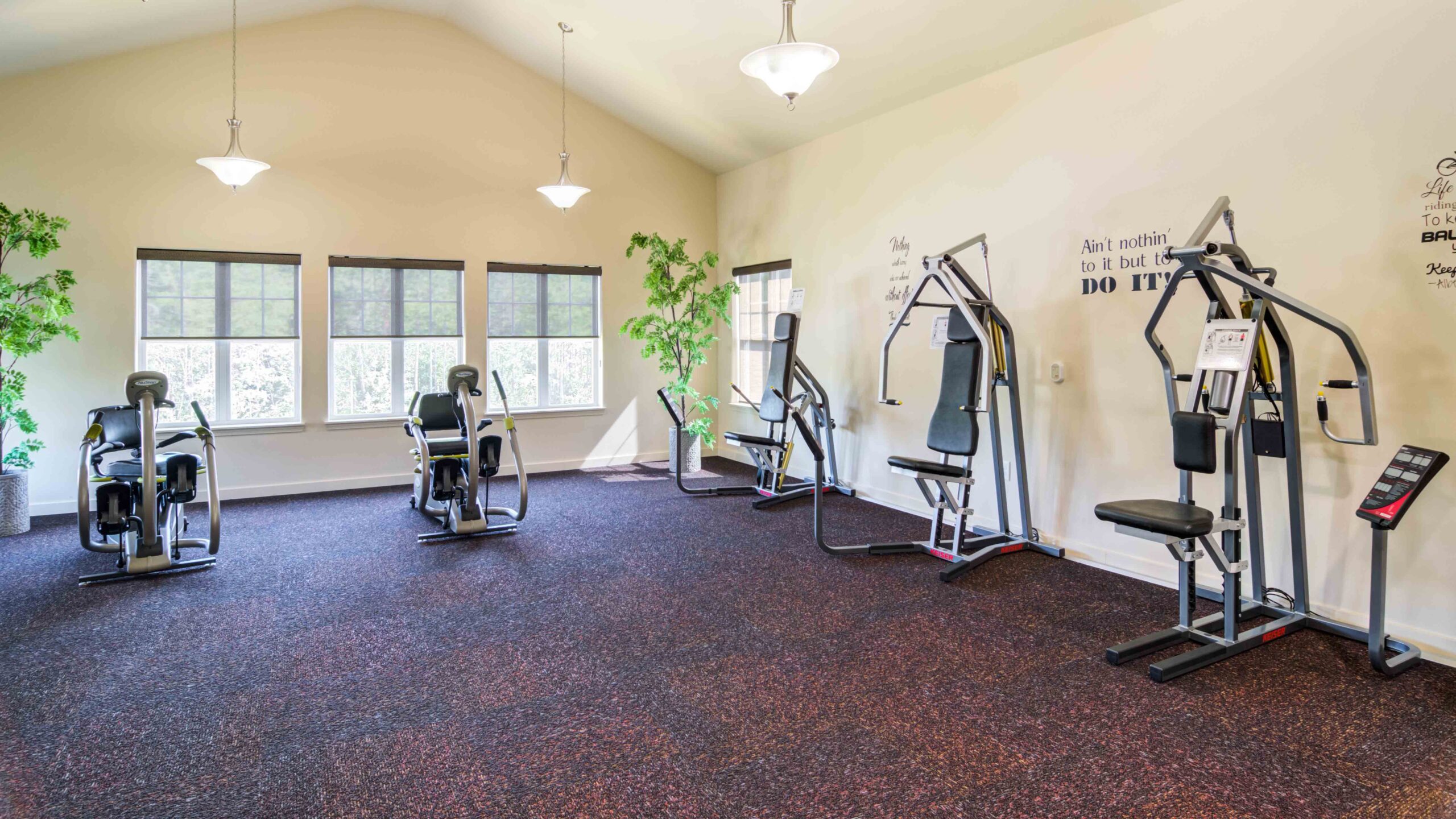 A bright gym room with large windows, indoor plants, and various strength-training machines arranged against light-colored walls with motivational quotes. The floor has a dark speckled carpet.