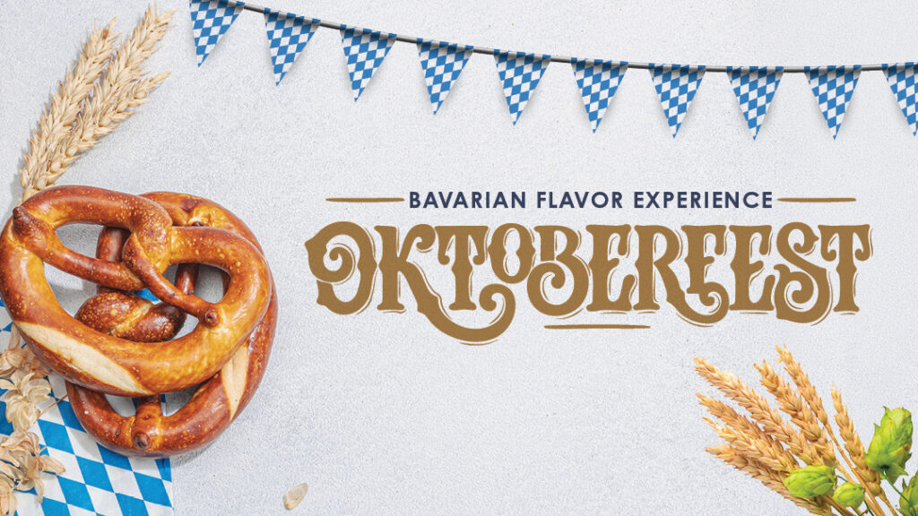 A Bavarian pretzel, wheat stalks, and blue checkered pennant flag with text “Bavarian Flavor Experience Oktoberfest” on a light background.