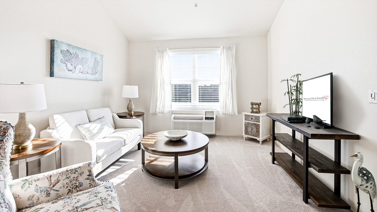 Bright living room with a white sofa, patterned armchair, round coffee table, and TV on a console. Large window with sheer curtains lets in natural light. Room has minimal, cozy decor and neutral colors.