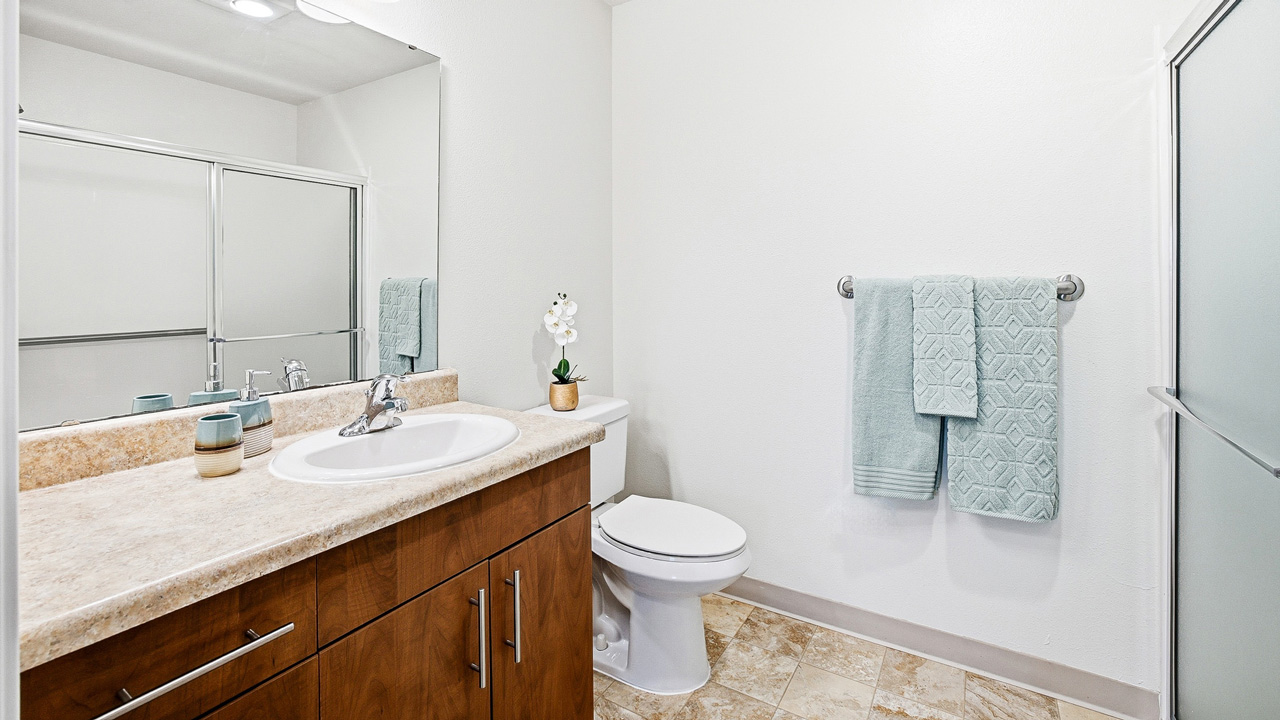 Modern bathroom with a wooden vanity, white sink, and countertop. There’s a toilet, potted plant, mirror, towel rack with folded teal towels, and a glass shower door on the right. The walls and floor are light-colored.
