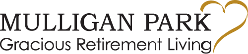 Logo of Mulligan Park with the text "Gracious Retirement Living" below it. To the right, there is an outline of a heart in gold color.