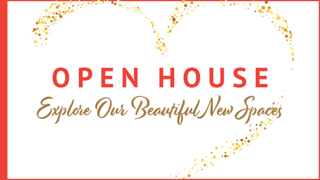Open House invitation with "Explore Our Beautiful New Spaces" written below, surrounded by gold confetti forming a heart on a white background with a red border.