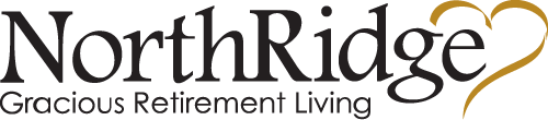 The image features the logo of NorthRidge Gracious Retirement Living. It consists of the text "NorthRidge" in large, elegant font, and below it, the text "Gracious Retirement Living" in smaller font. A stylized gold heart is incorporated at the top right corner of the logo.
