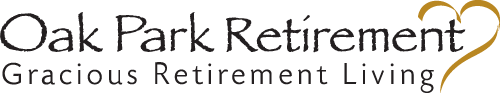 Logo for Oak Park Retirement. The text reads "Oak Park Retirement" with a stylized heart shape formed by two looping lines at the end. Below, it says "Gracious Retirement Living.