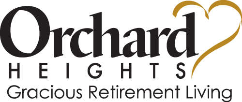 Logo of Orchard Heights Gracious Retirement Living. The text "Orchard Heights" appears in large letters, with "Gracious Retirement Living" below in smaller font. A stylized golden heart shape integrates with the right side of the letter "d" in "Orchard.